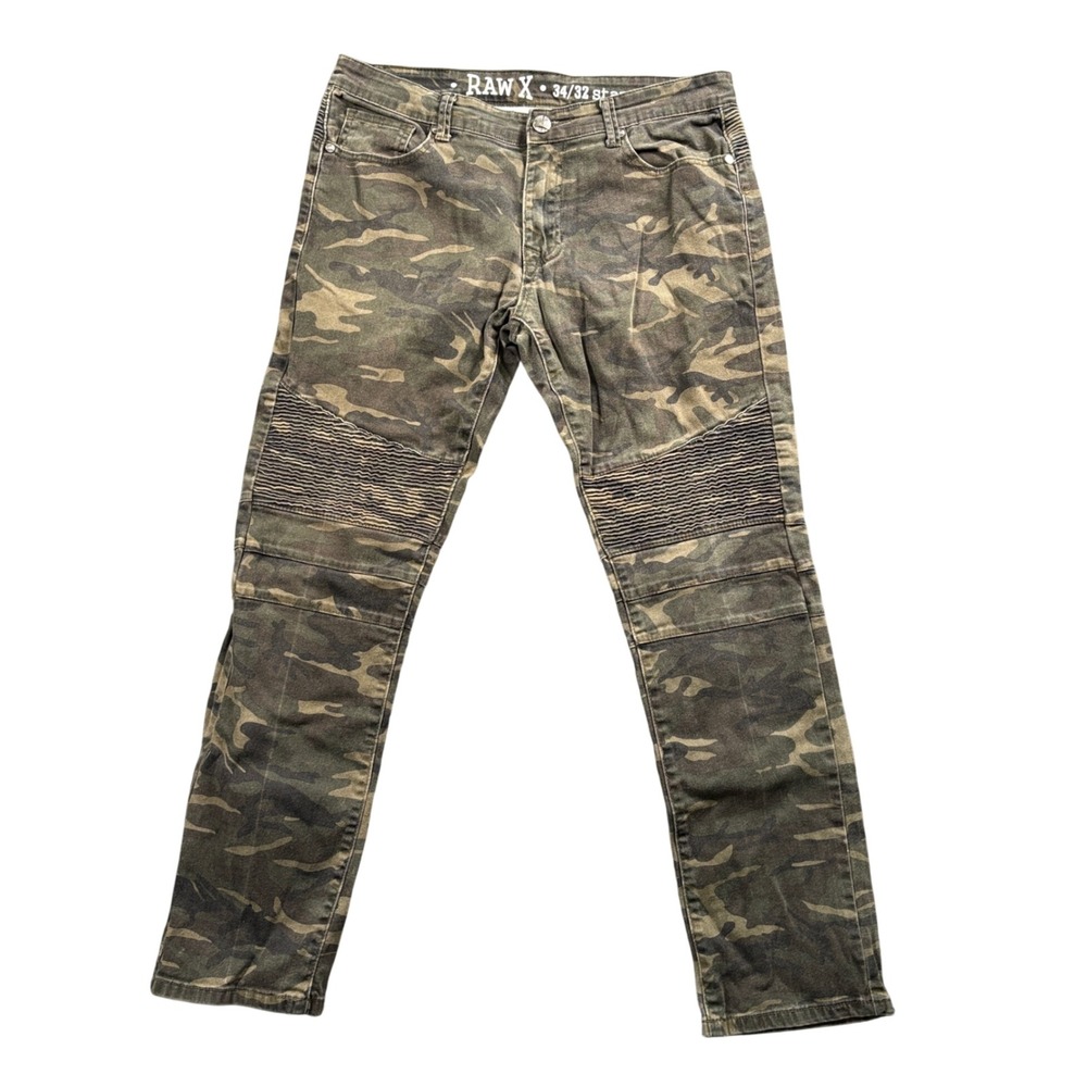 Raw X Camo Moto Pants Mens 34x29 Y2K Streetwear Ribbed Knee Utility Slim Biker
